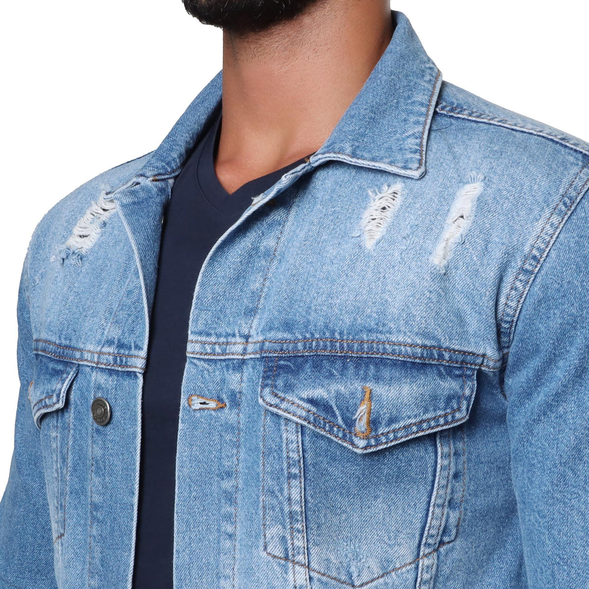 Urban Edge Unleashed: Ripped Denim Jacket for Raw Rebellion