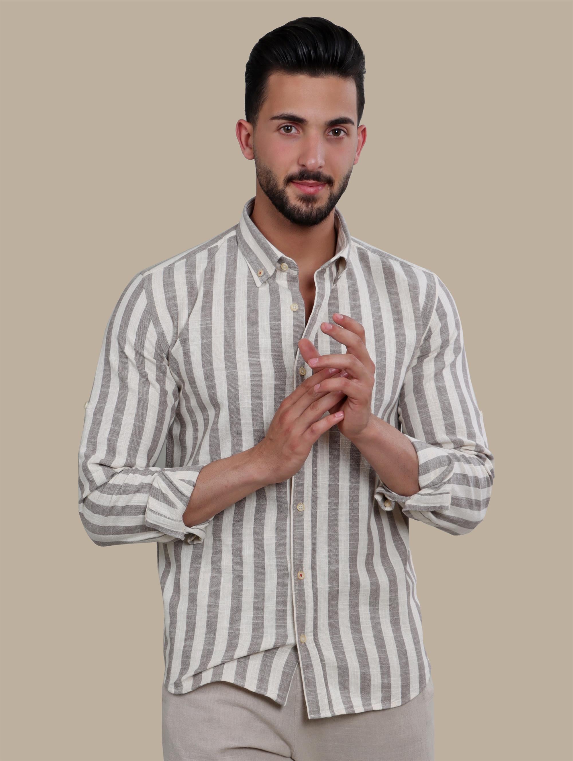 Shirt Linen with Wide Stripes | Brown