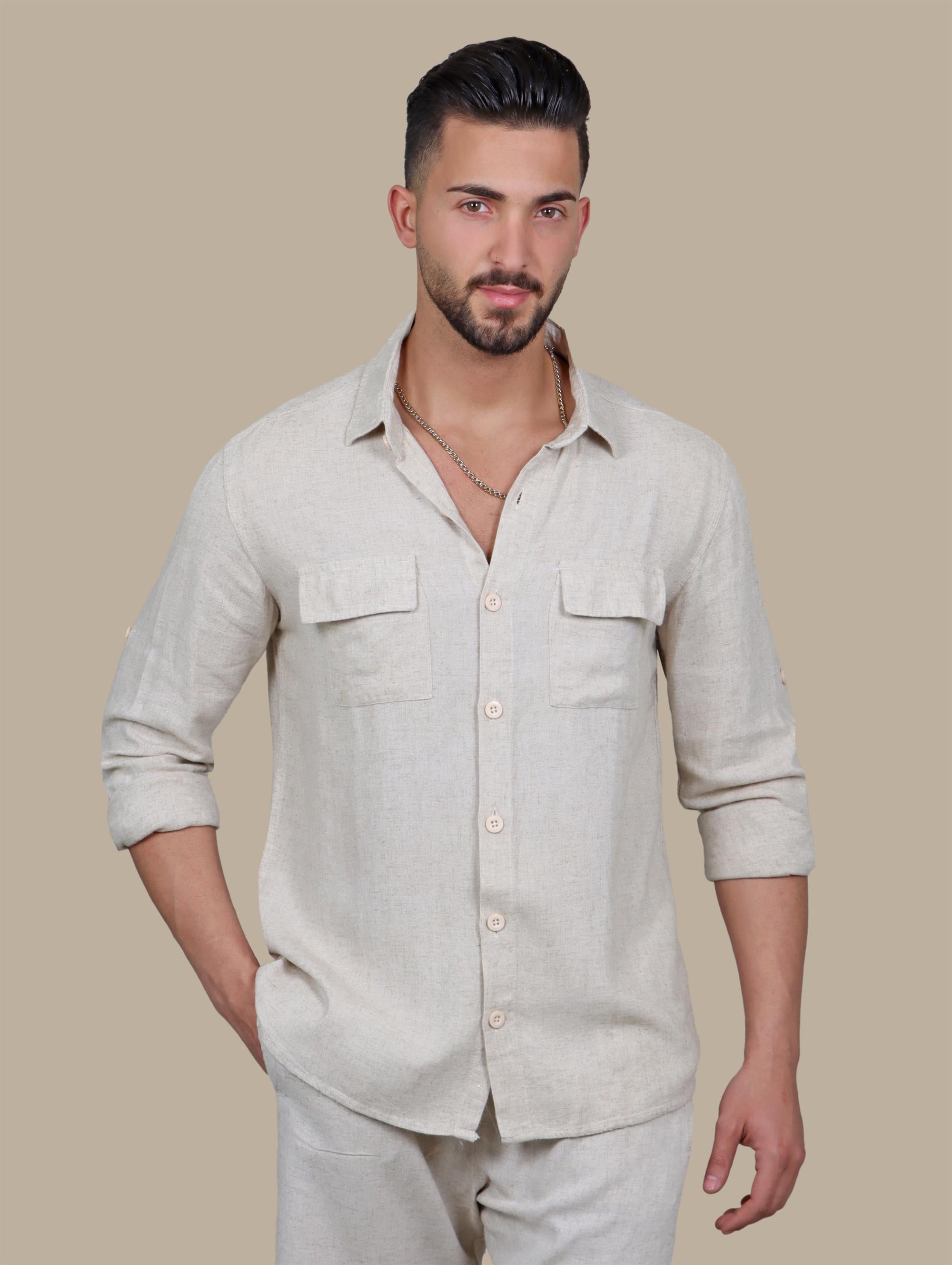 Classic Beige Linen Shirt with Flap Pockets