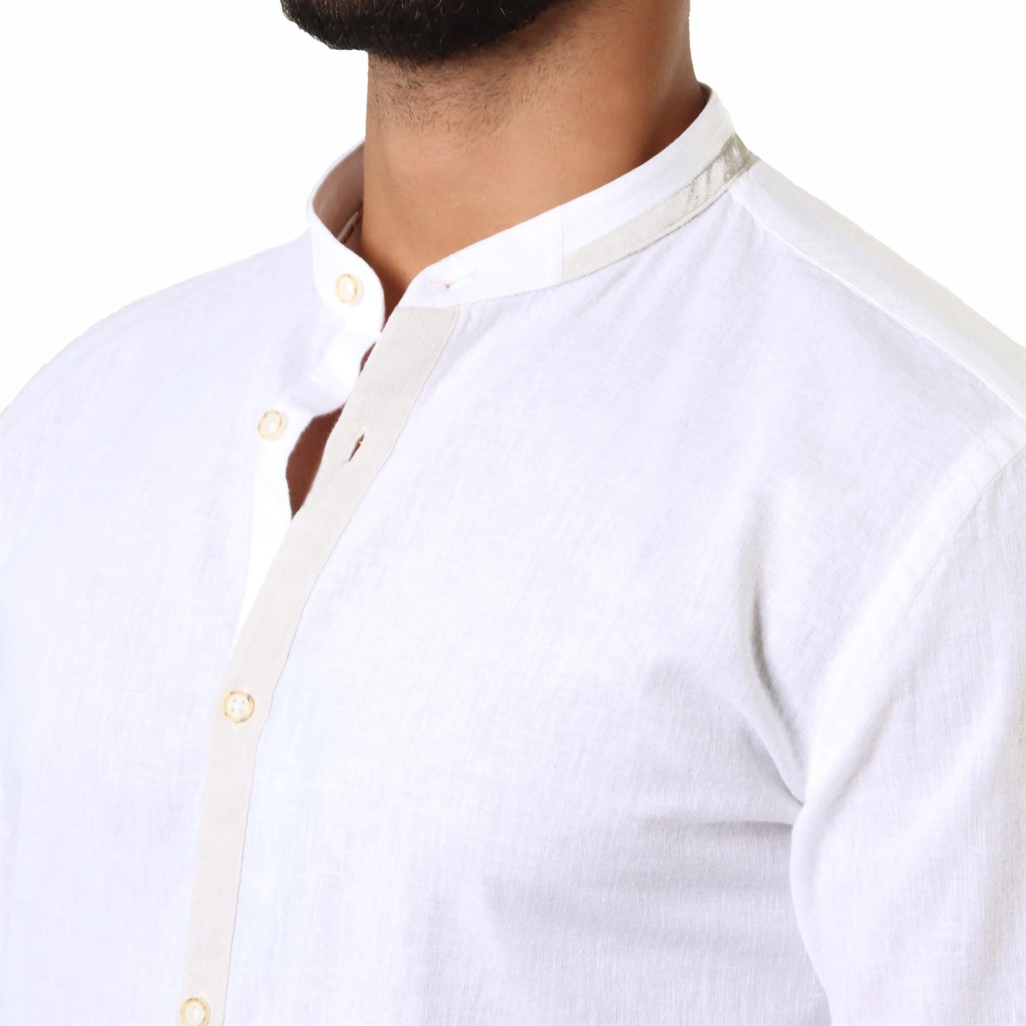 White Linen Shirt with Mao Collar & Beige Piping