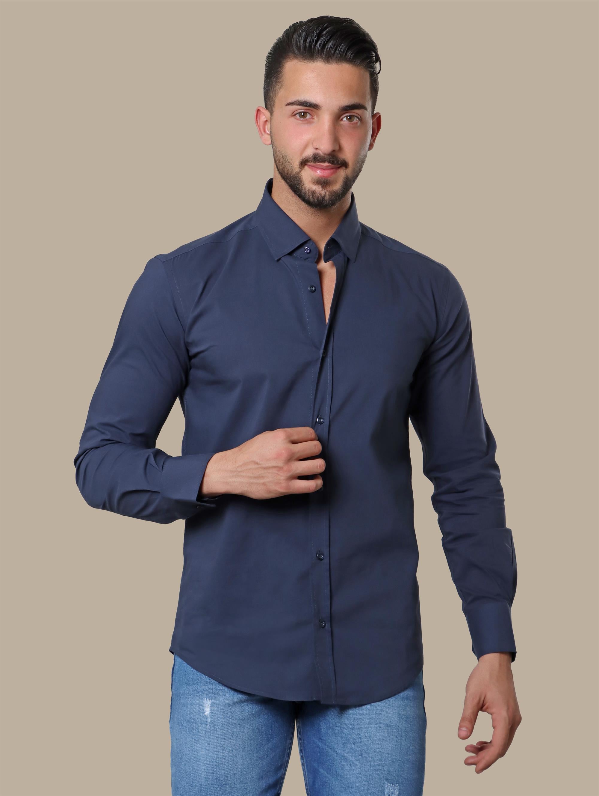 Navy Sophistication: Lycra Plain Shirt for Effortless Elegance