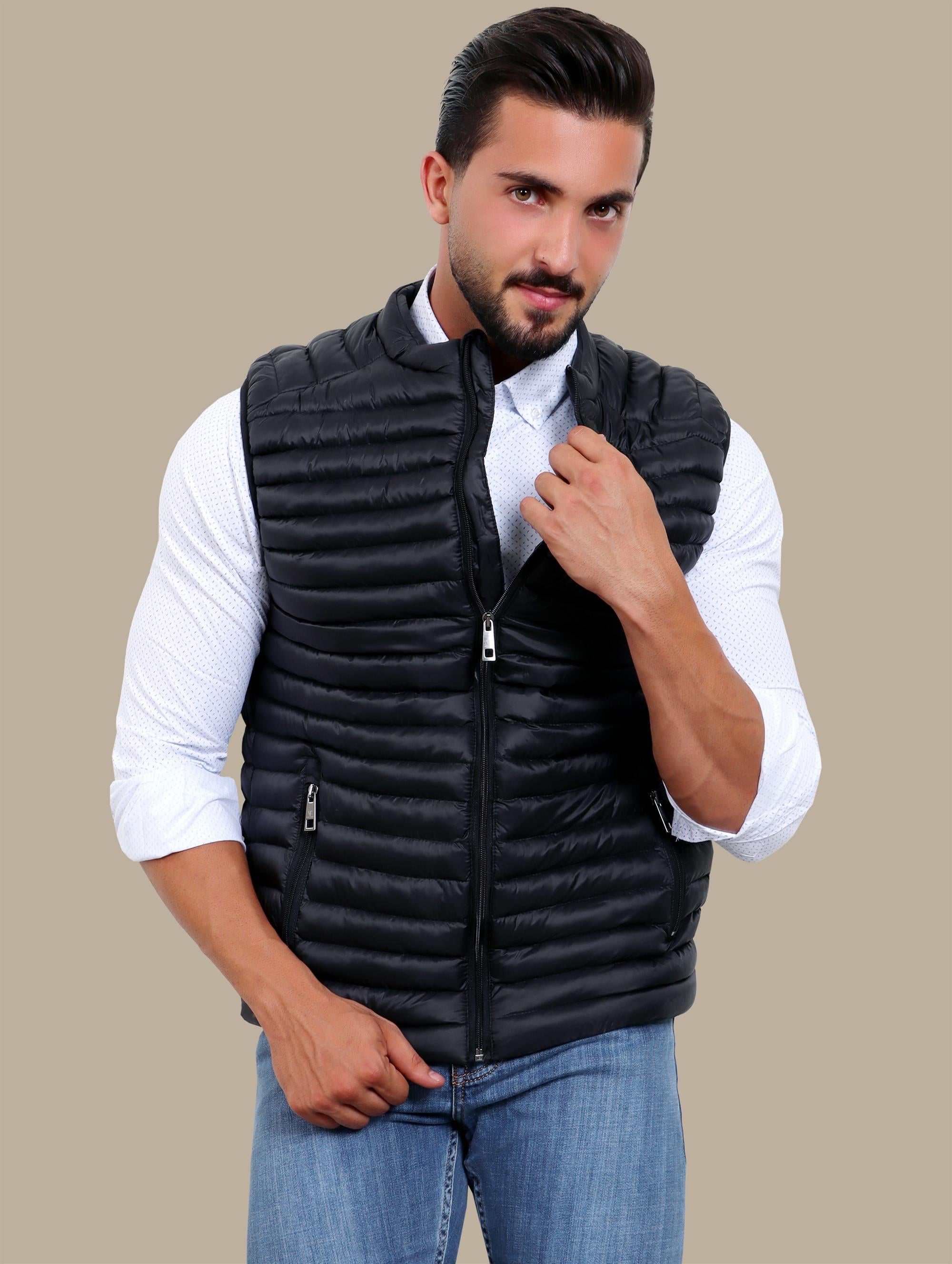 Nocturnal Trek: Black Padded Puffer Vest for Urban Explorations