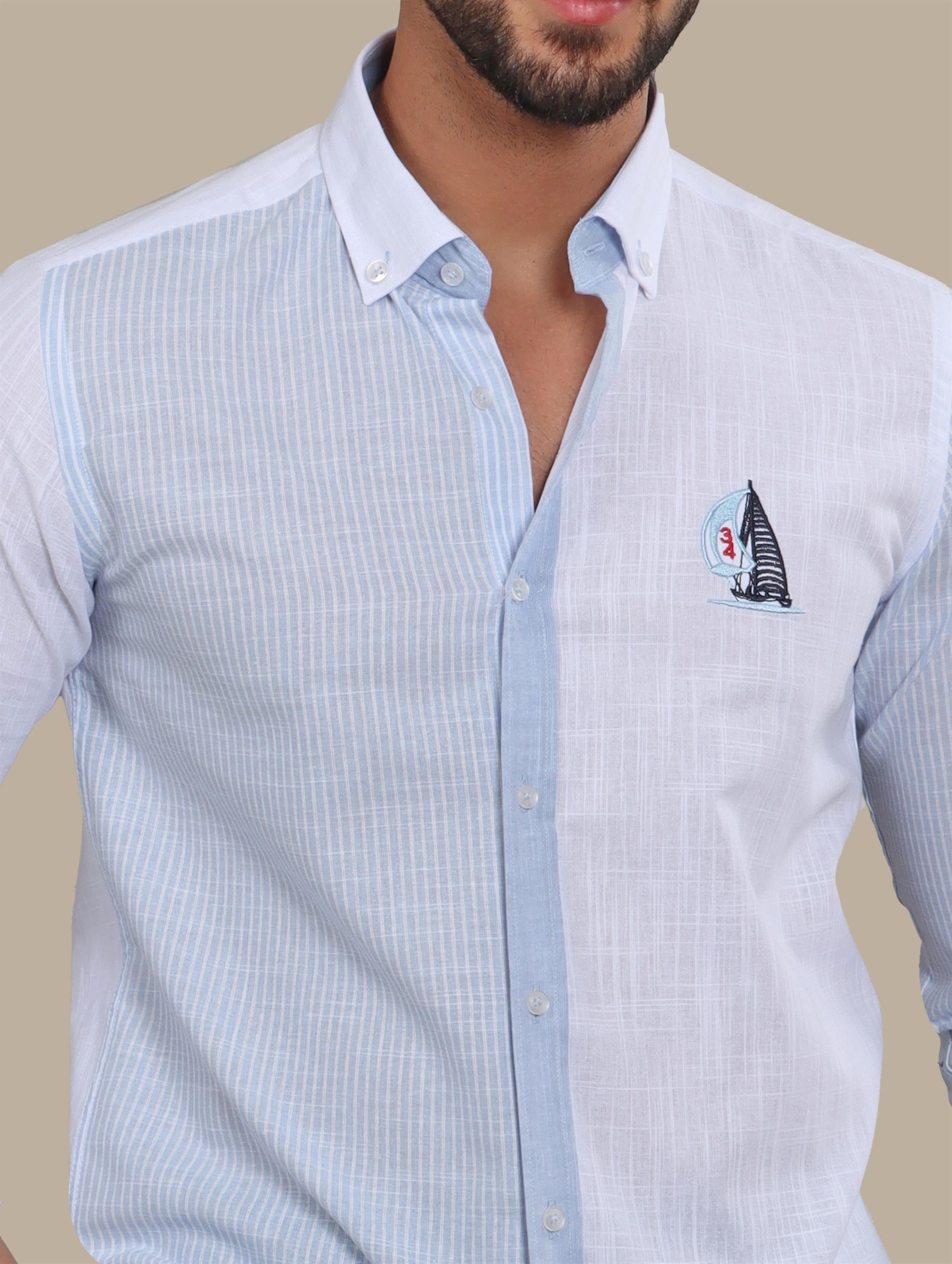 Linen Half Striped Shirt in Light Blue