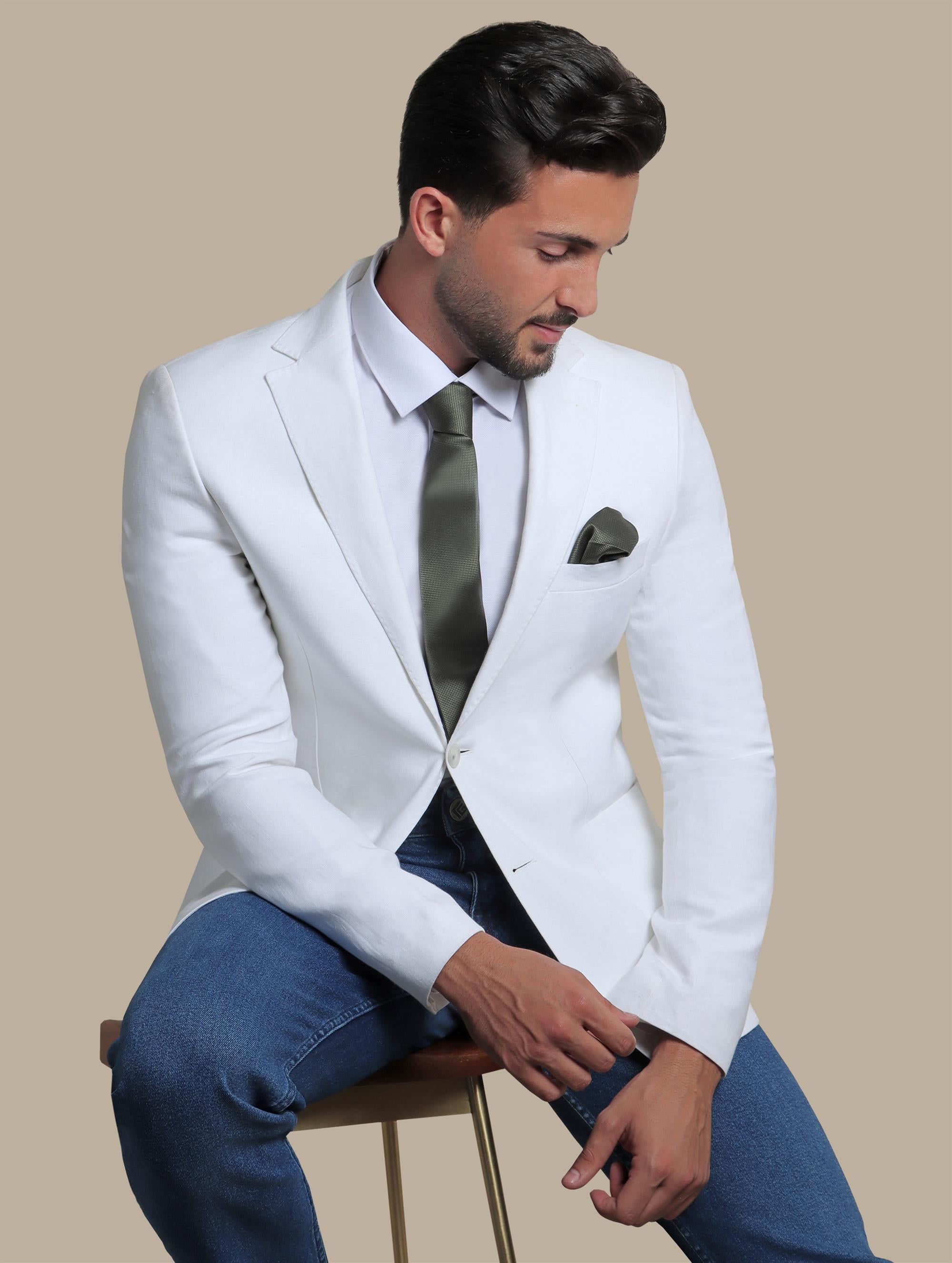 White Linen Blazer with Basic Patch Pockets