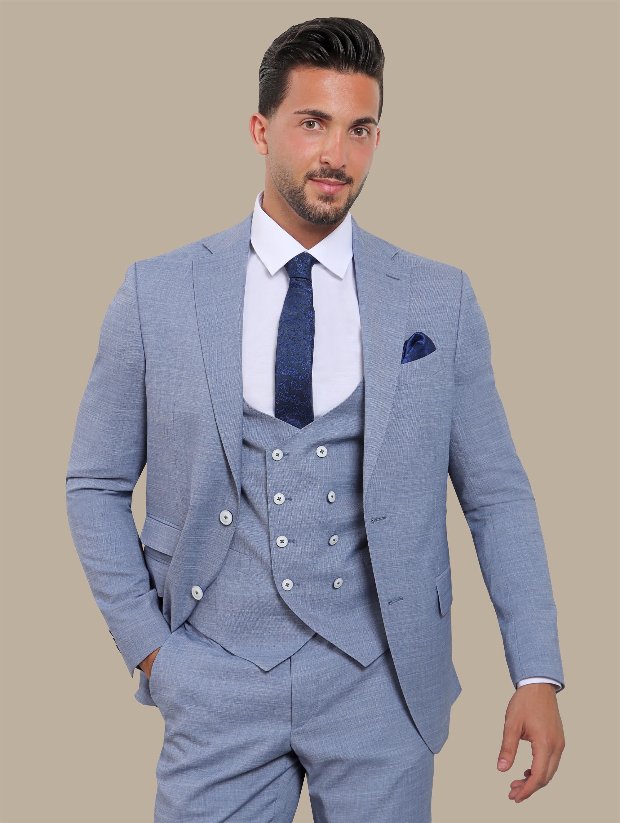 Elegant Blue Lycra Suit Set with Notch Details - 3-Piece Collection