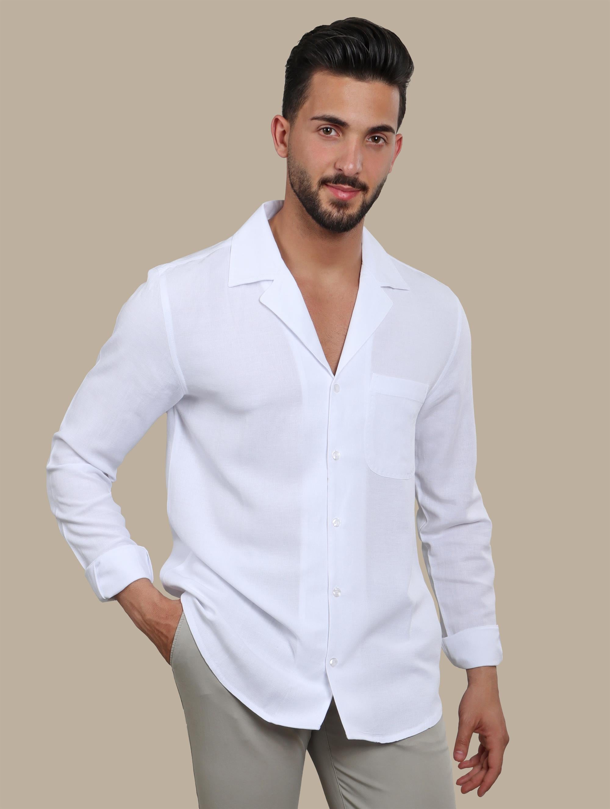 Elegant White Linen Patch Djellaba Shirt