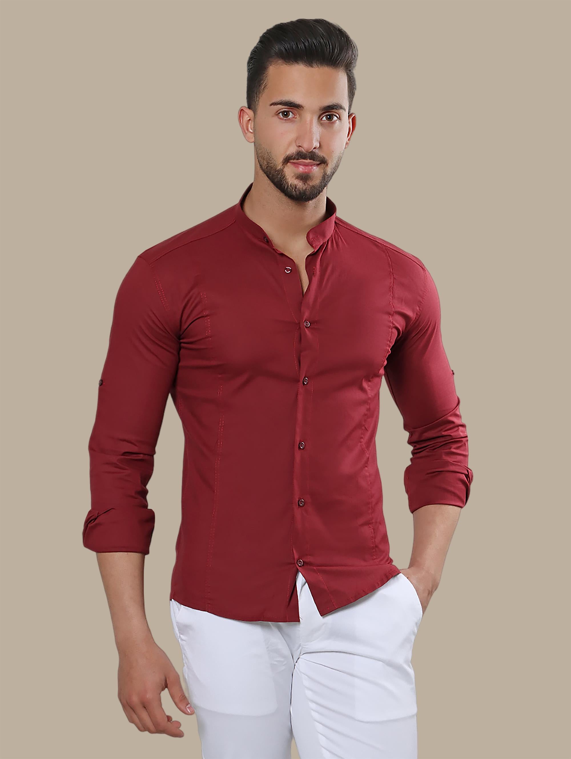 Burgundy Basic Mao Shirt in Lycra