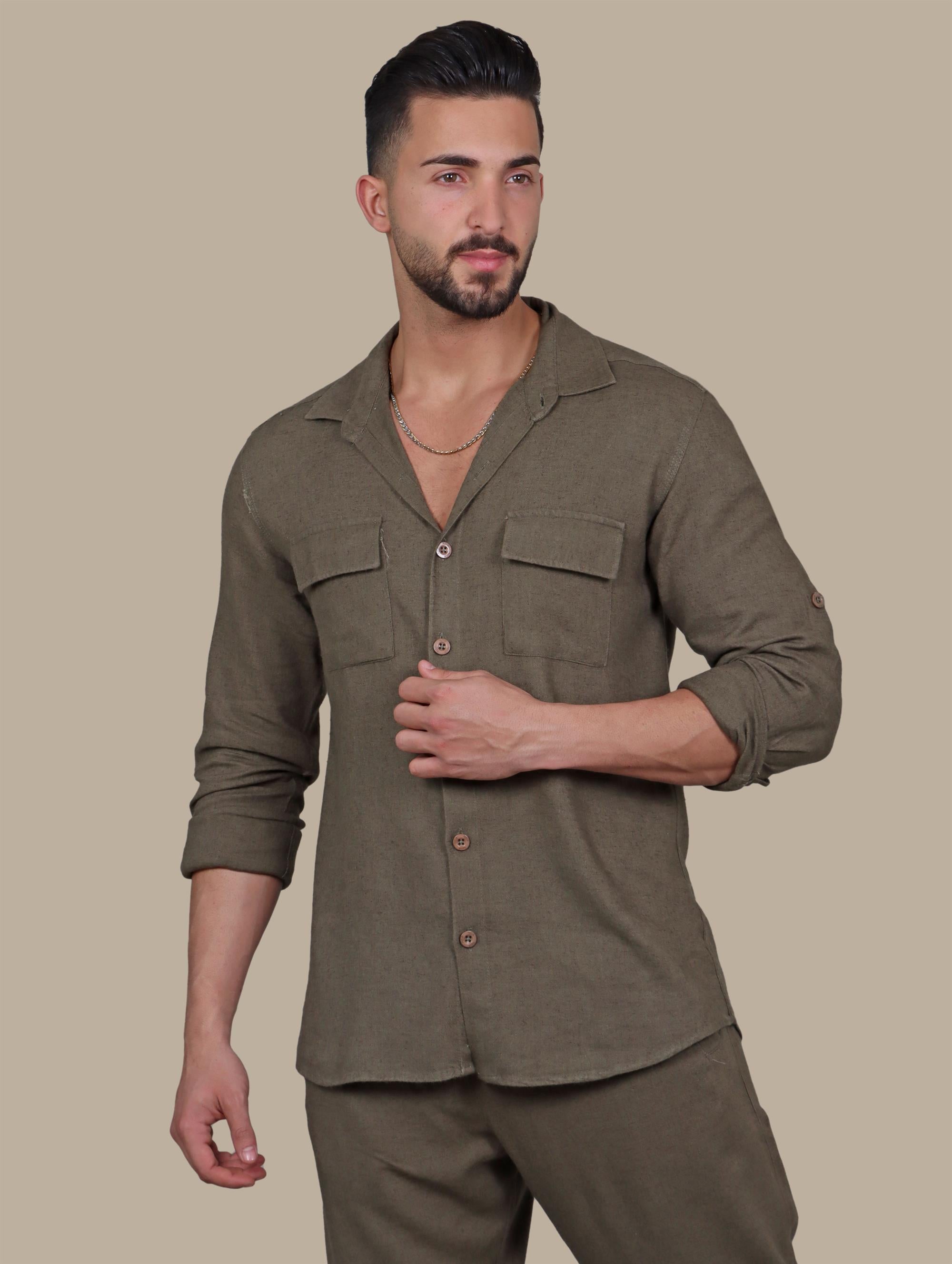 Khaki Linen Shirt with Flap Pockets