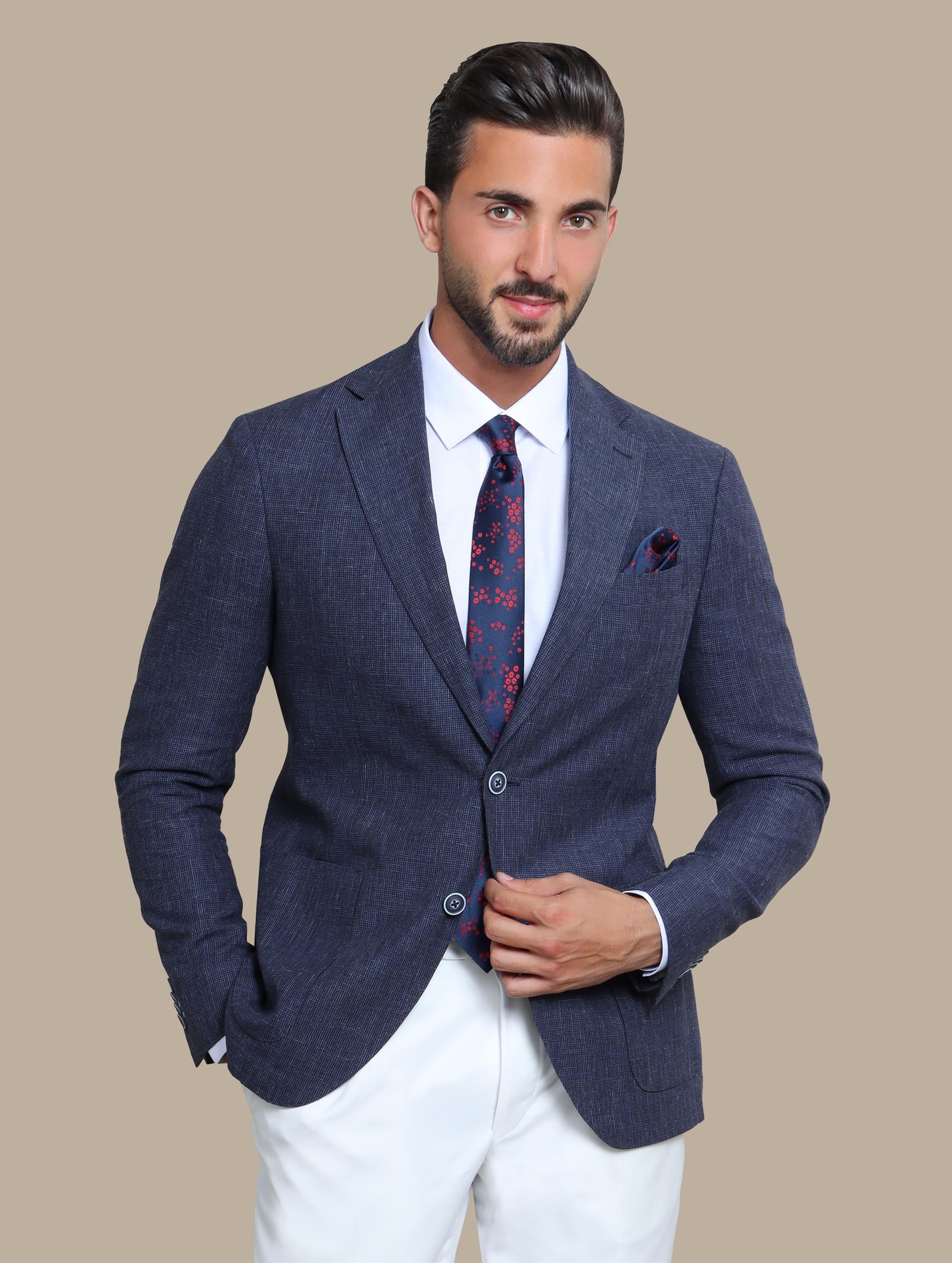 Navy Small Checks Suit with White Pants