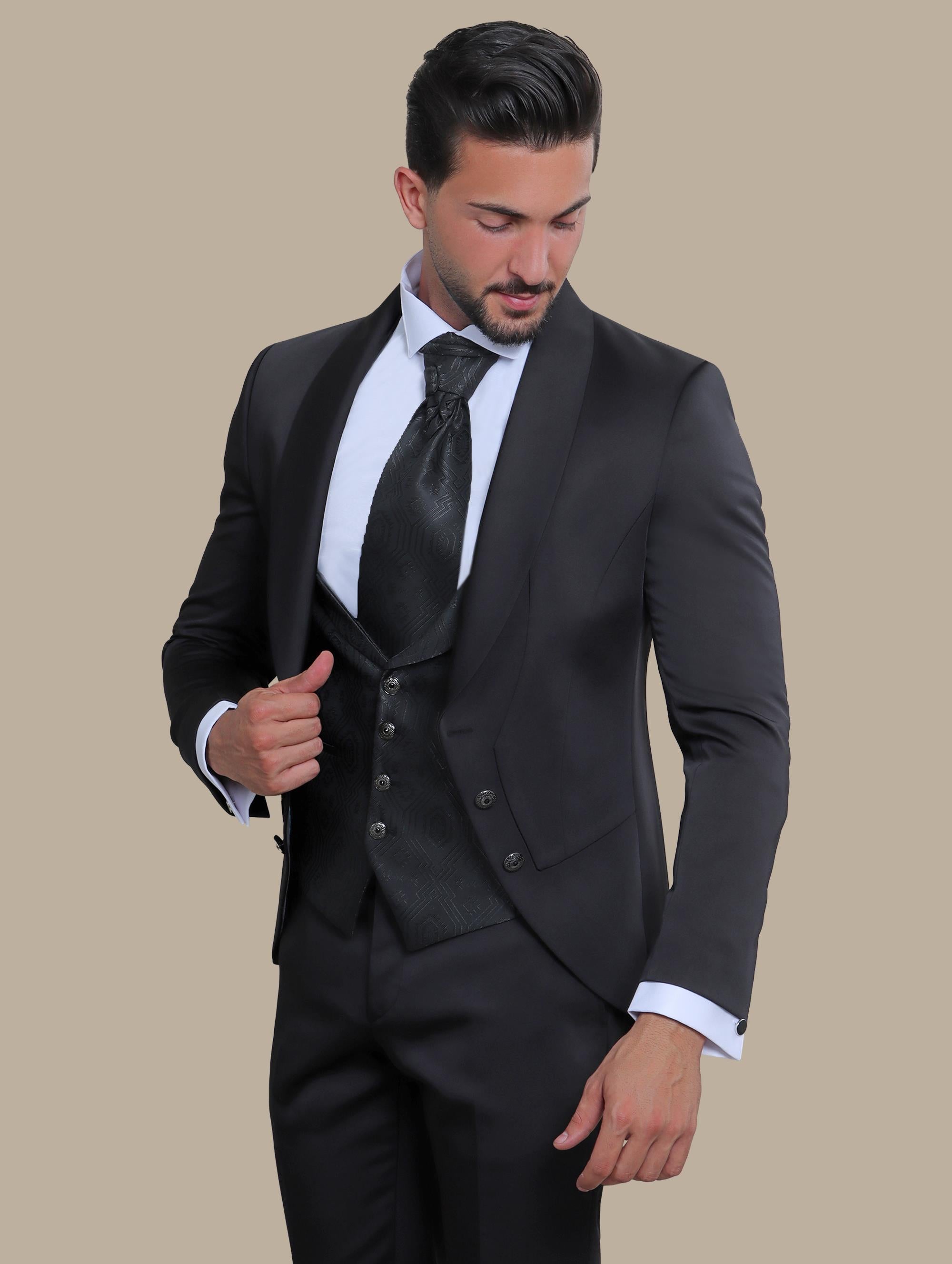 Black 4-Piece Tuxedo with Chale Collar and 6 Buttons