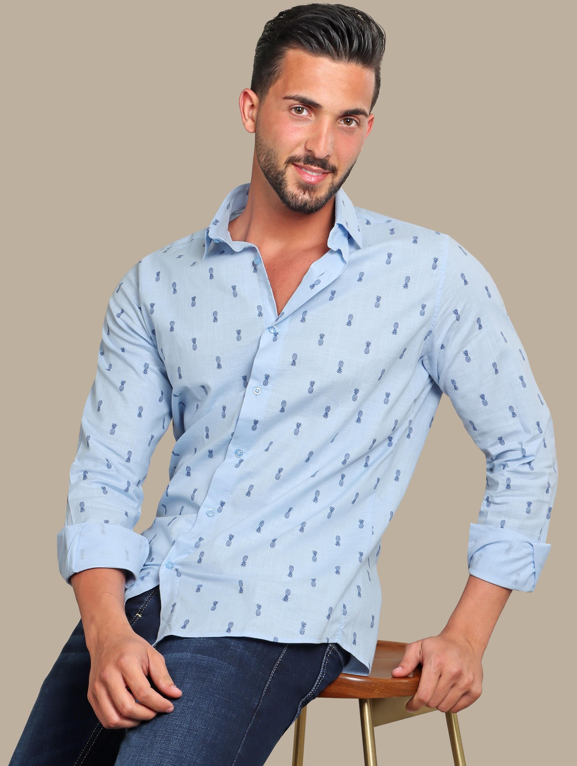 Shirt Linen Printed Pineapple | Light Blue