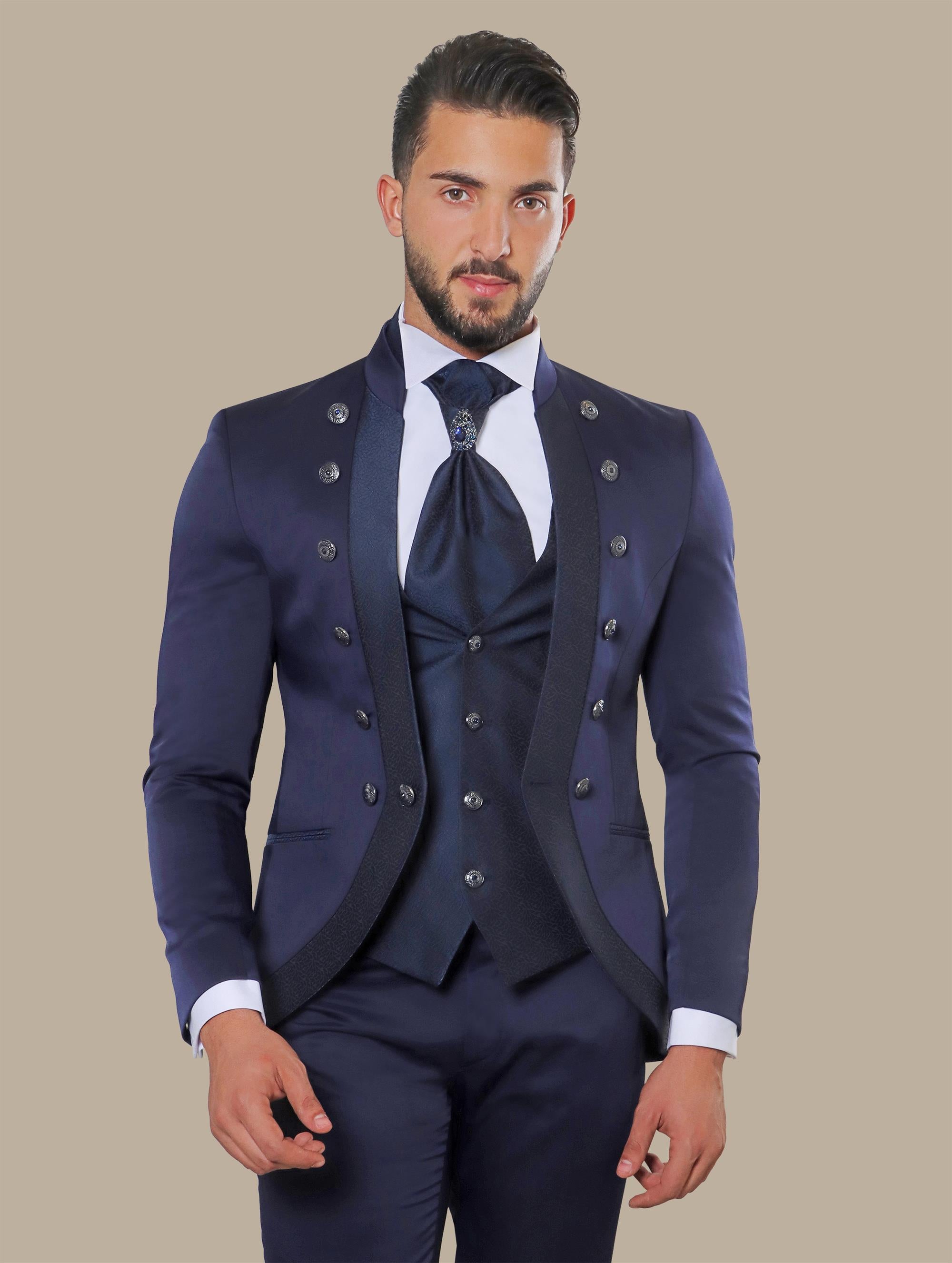 Navy 4-Piece Mao Collar Tuxedo with 12 Buttons