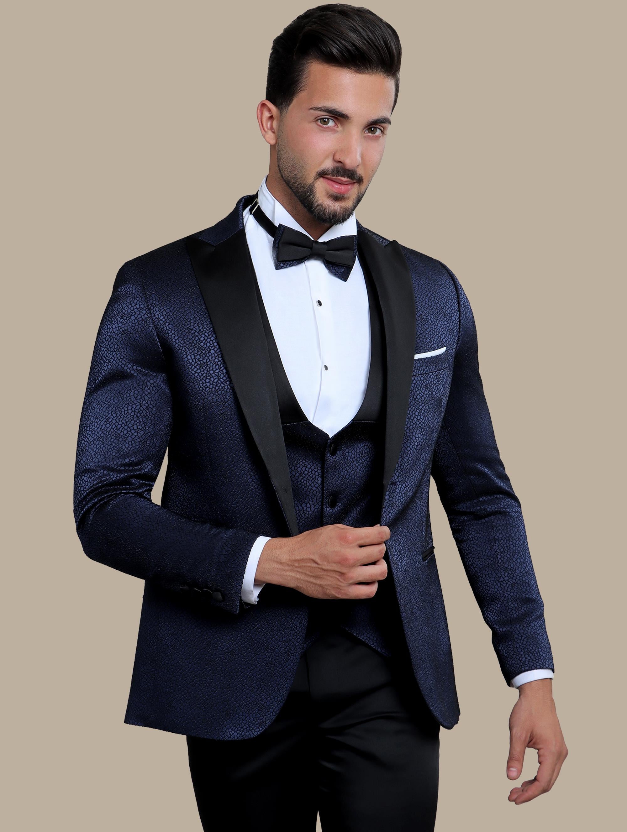 Elegant Navy Tuxedo Jacquard 4-Piece Set