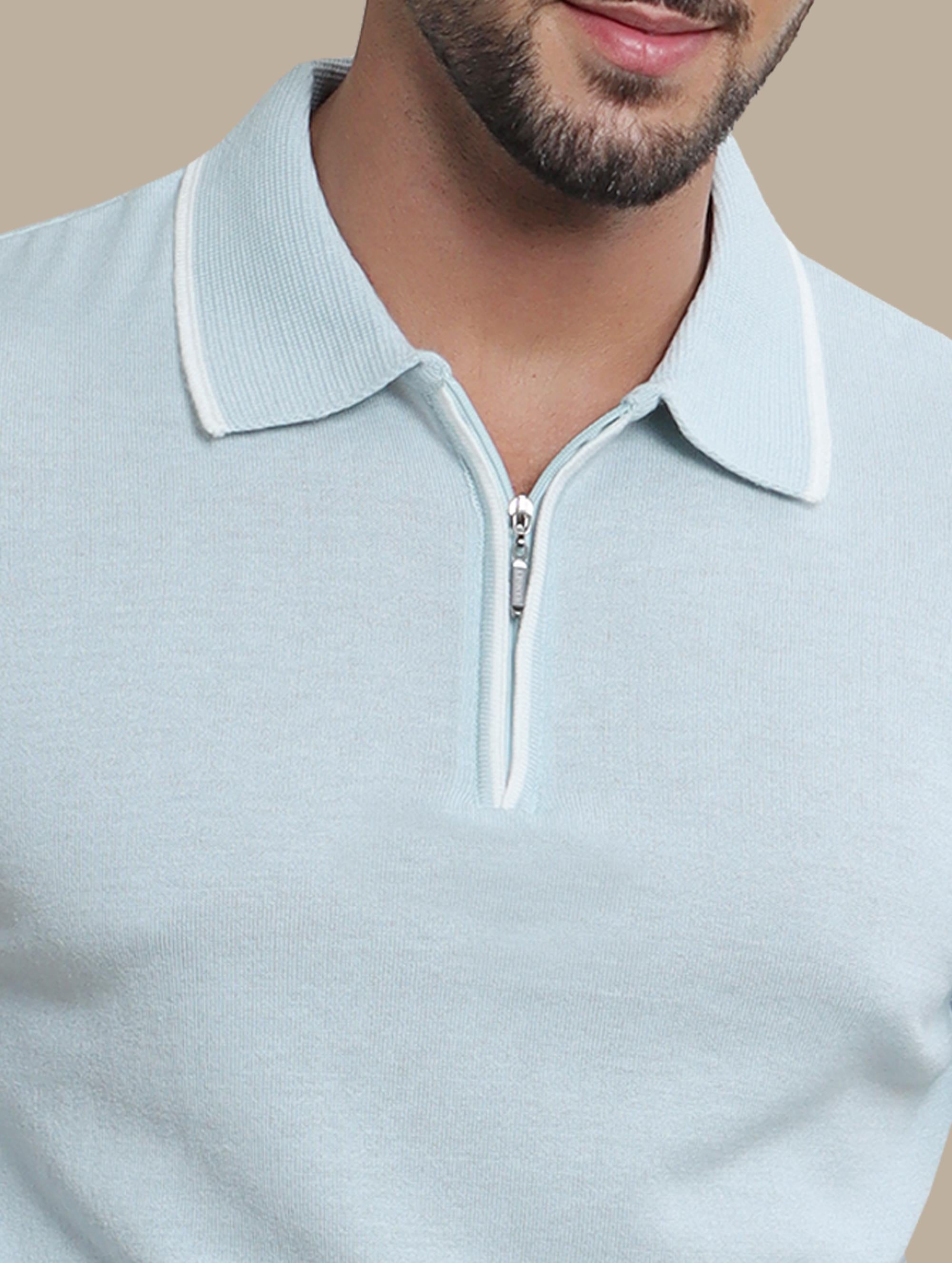 Polo Half Zipper Piping | Light Blue