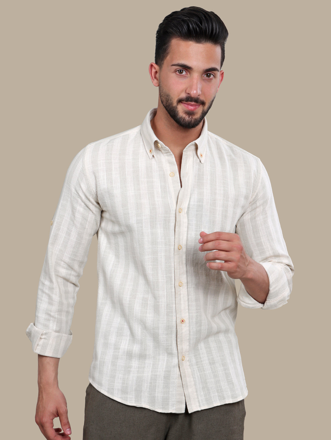 Shirt Linen with Wide Stripes | Olive