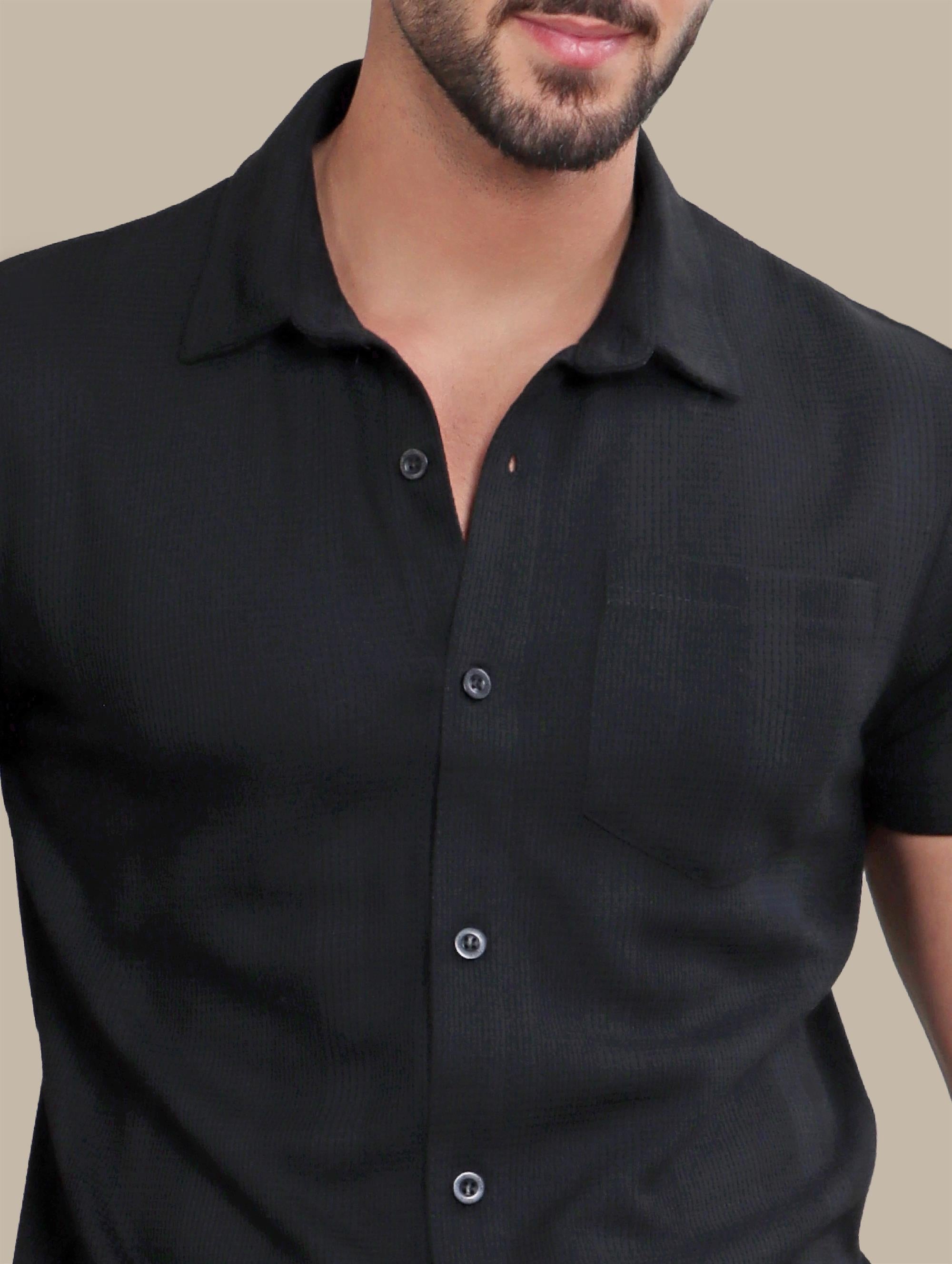 Black Short Sleeve Structured Shirt with Pocket