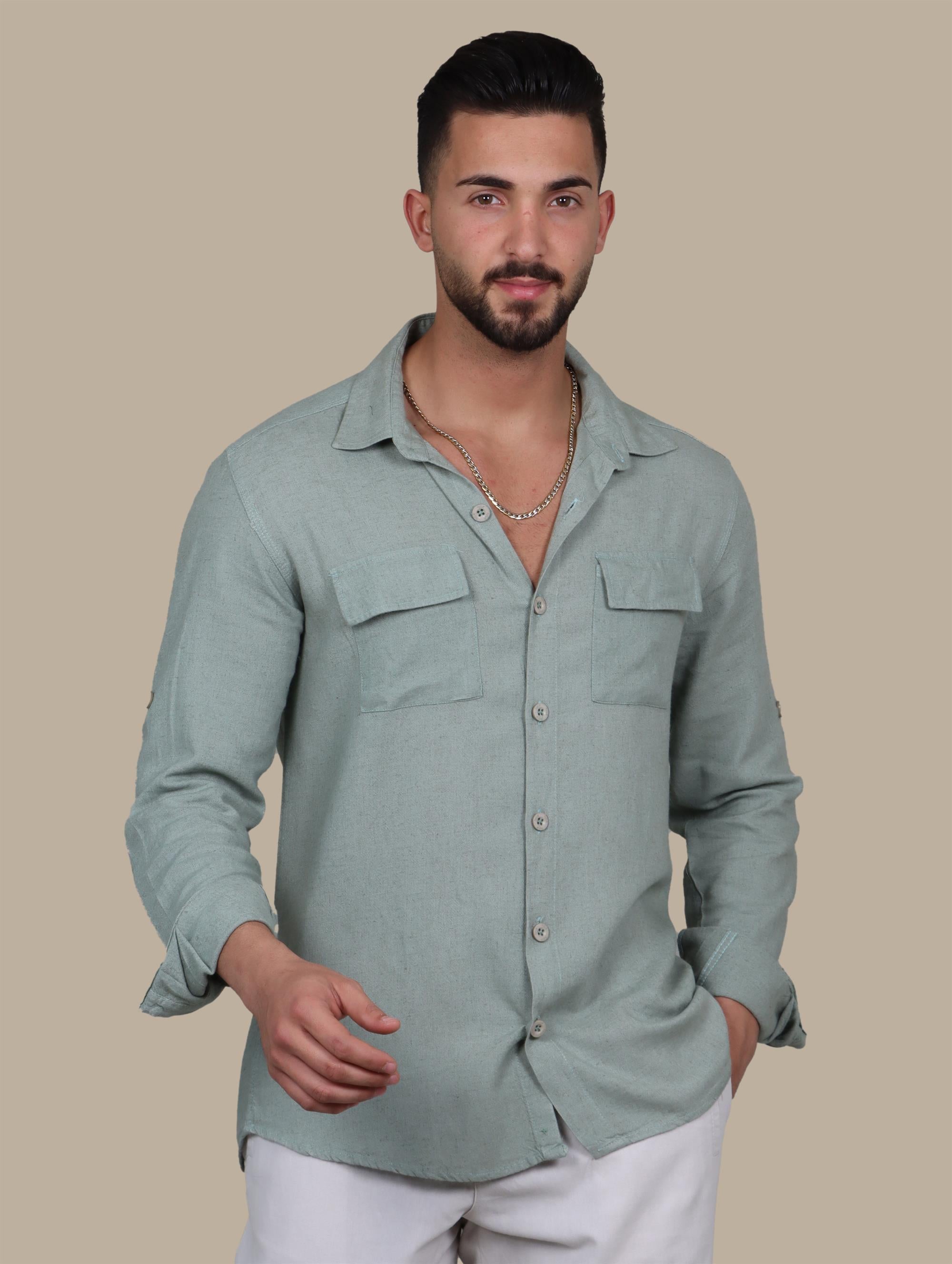 Olive Linen Shirt with Flap Pockets