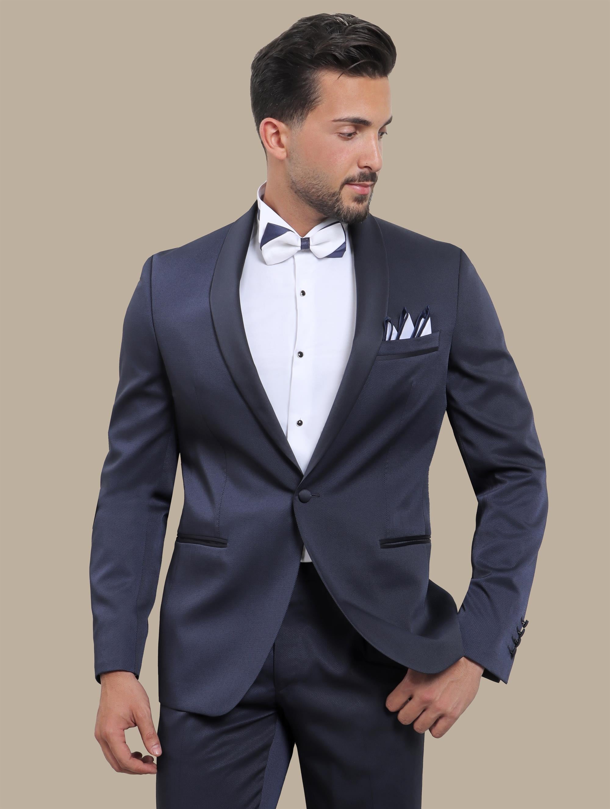 Refined Charm: The Navy Piqué Tuxedo with Shawl Collar