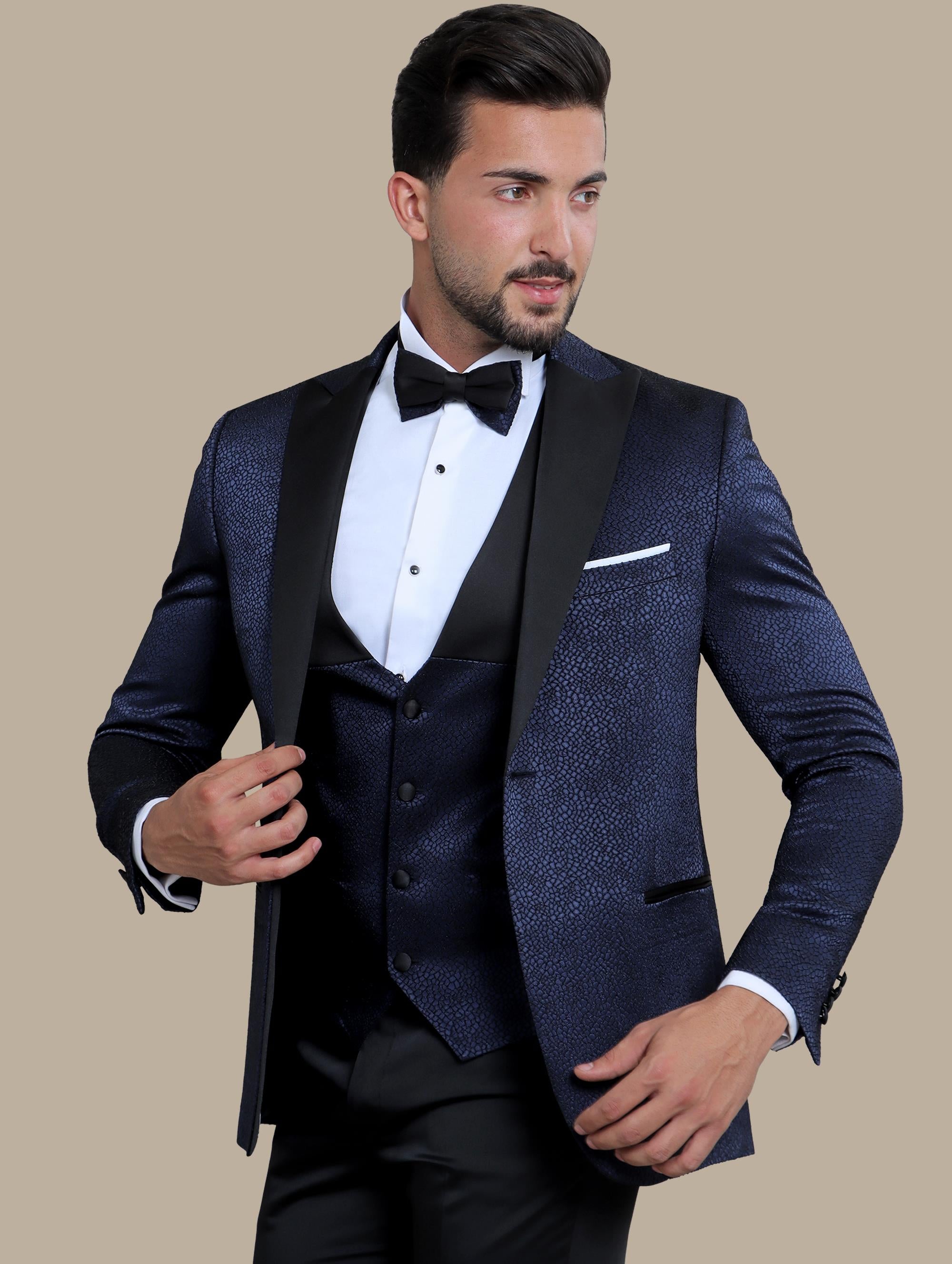 Elegant Navy Tuxedo Jacquard 4-Piece Set