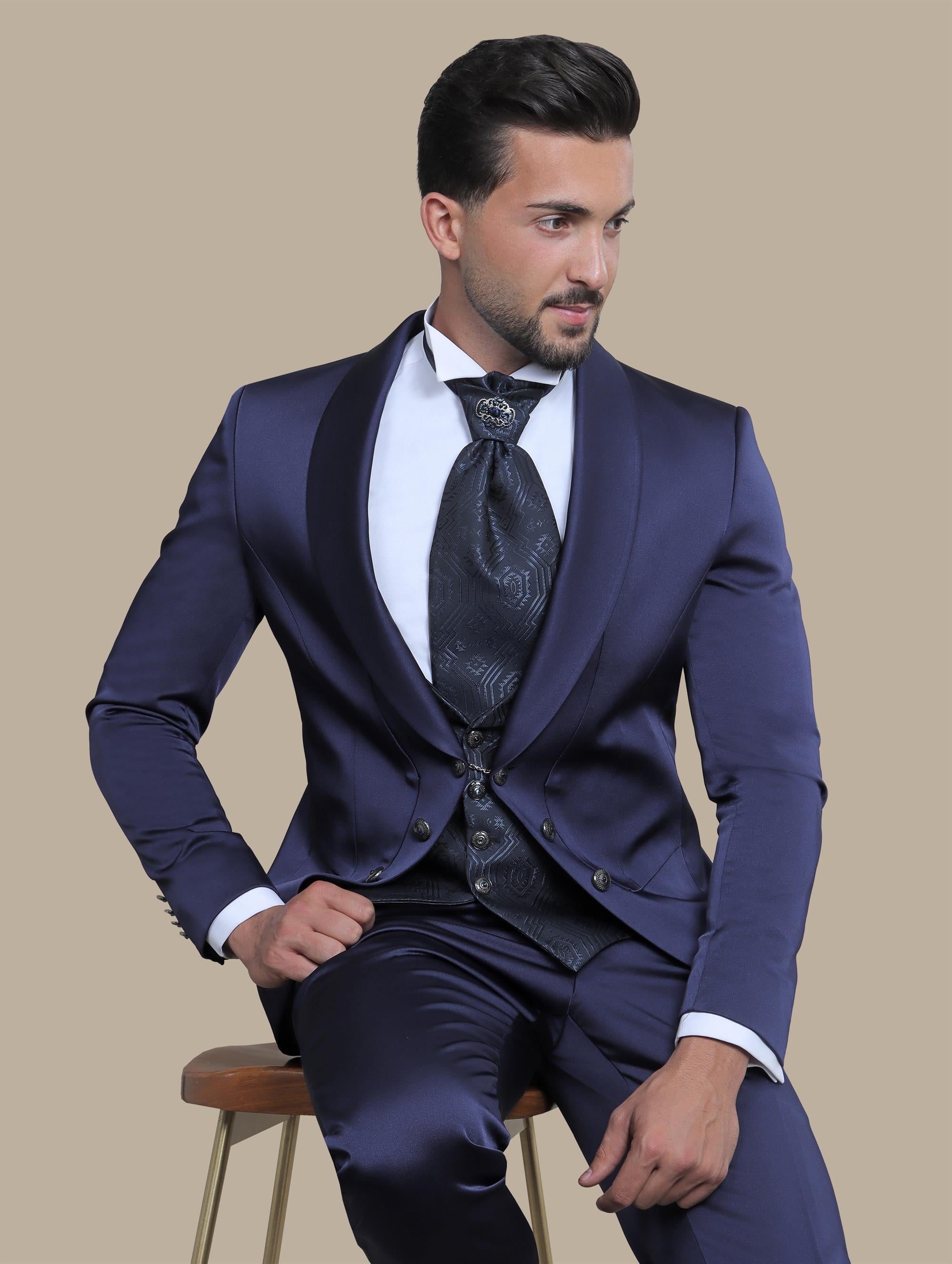 Indigo 4-Piece Tuxedo with Chale Collar and 6 Buttons