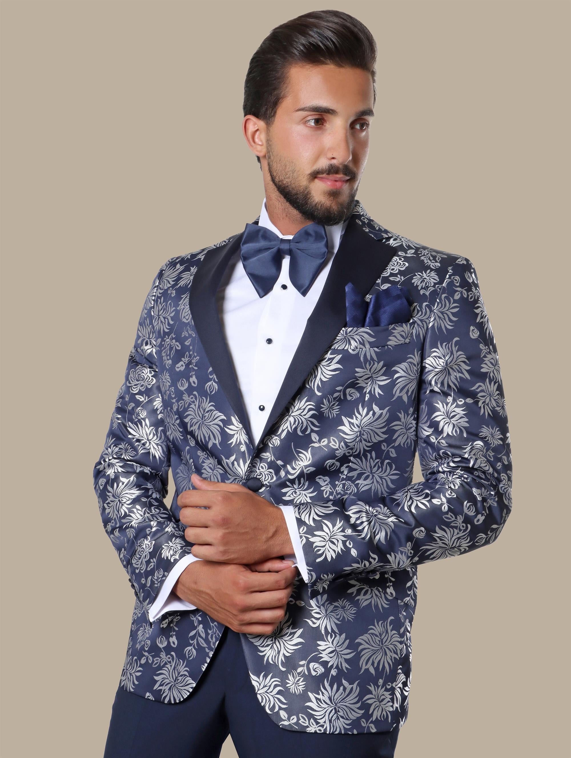 Silver & Navy Leaf Jacquard Suit