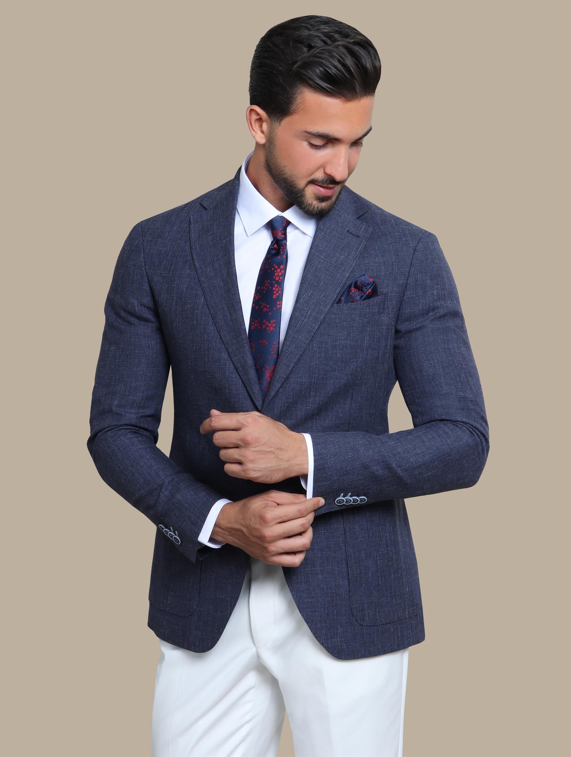 Navy Small Checks Suit with White Pants