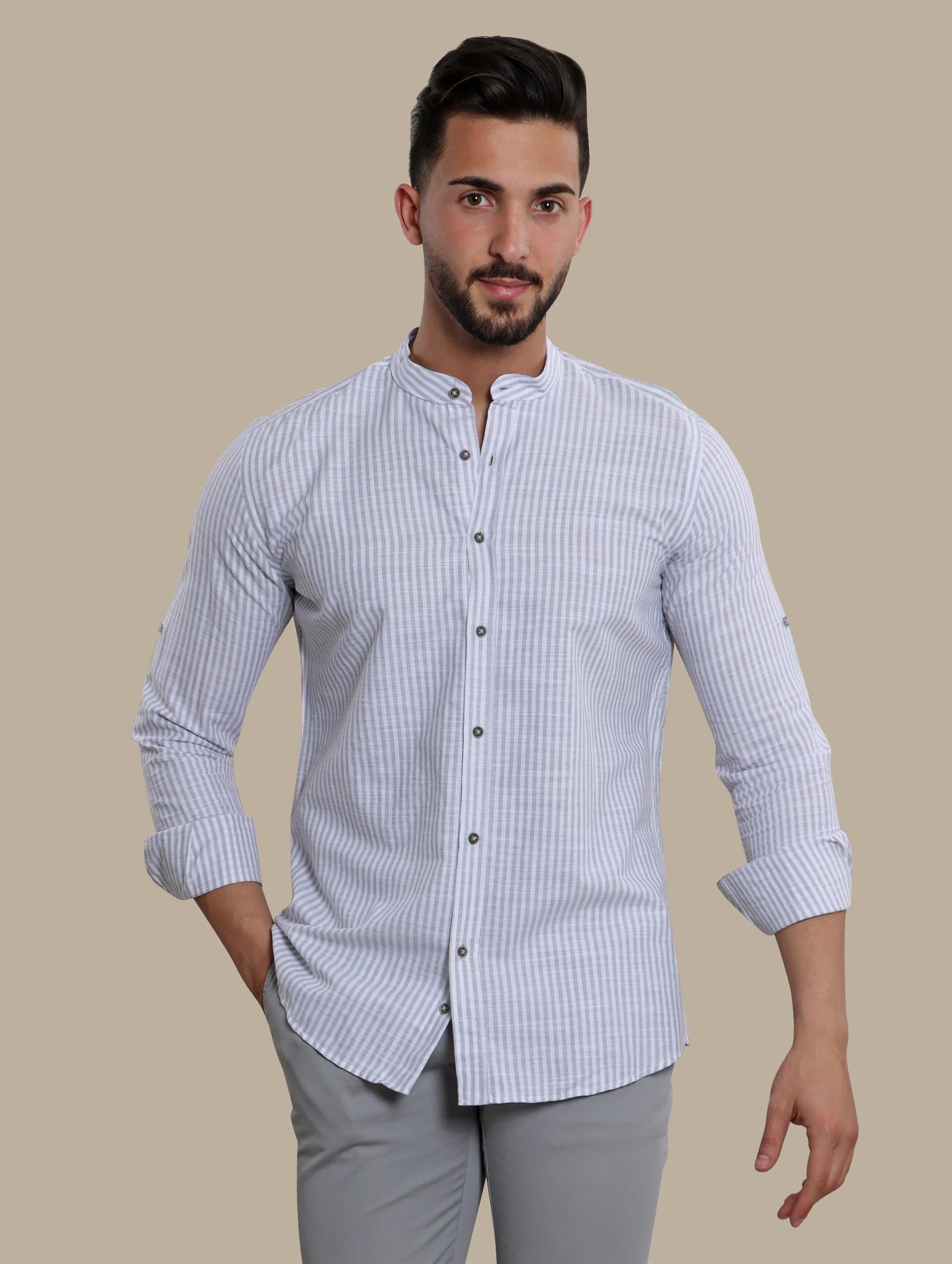 Shirt Linen Col Mao Striped | Light Gray