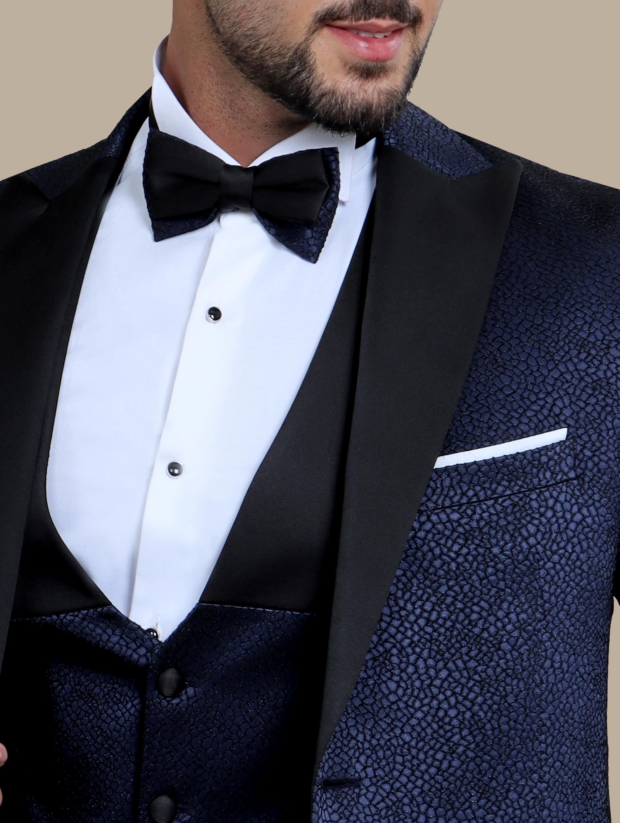 Elegant Navy Tuxedo Jacquard 4-Piece Set