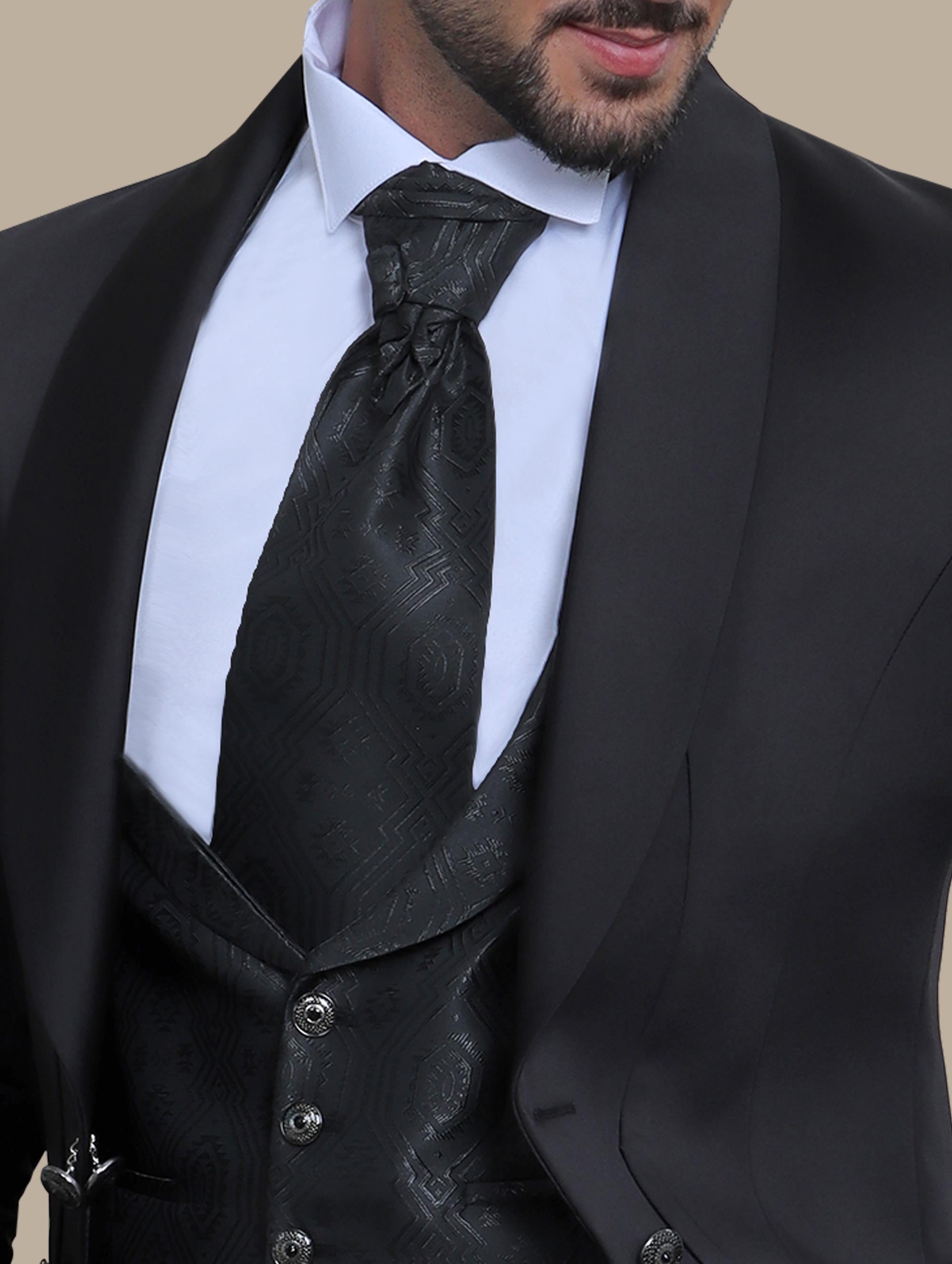 Black 4-Piece Tuxedo with Chale Collar and 6 Buttons