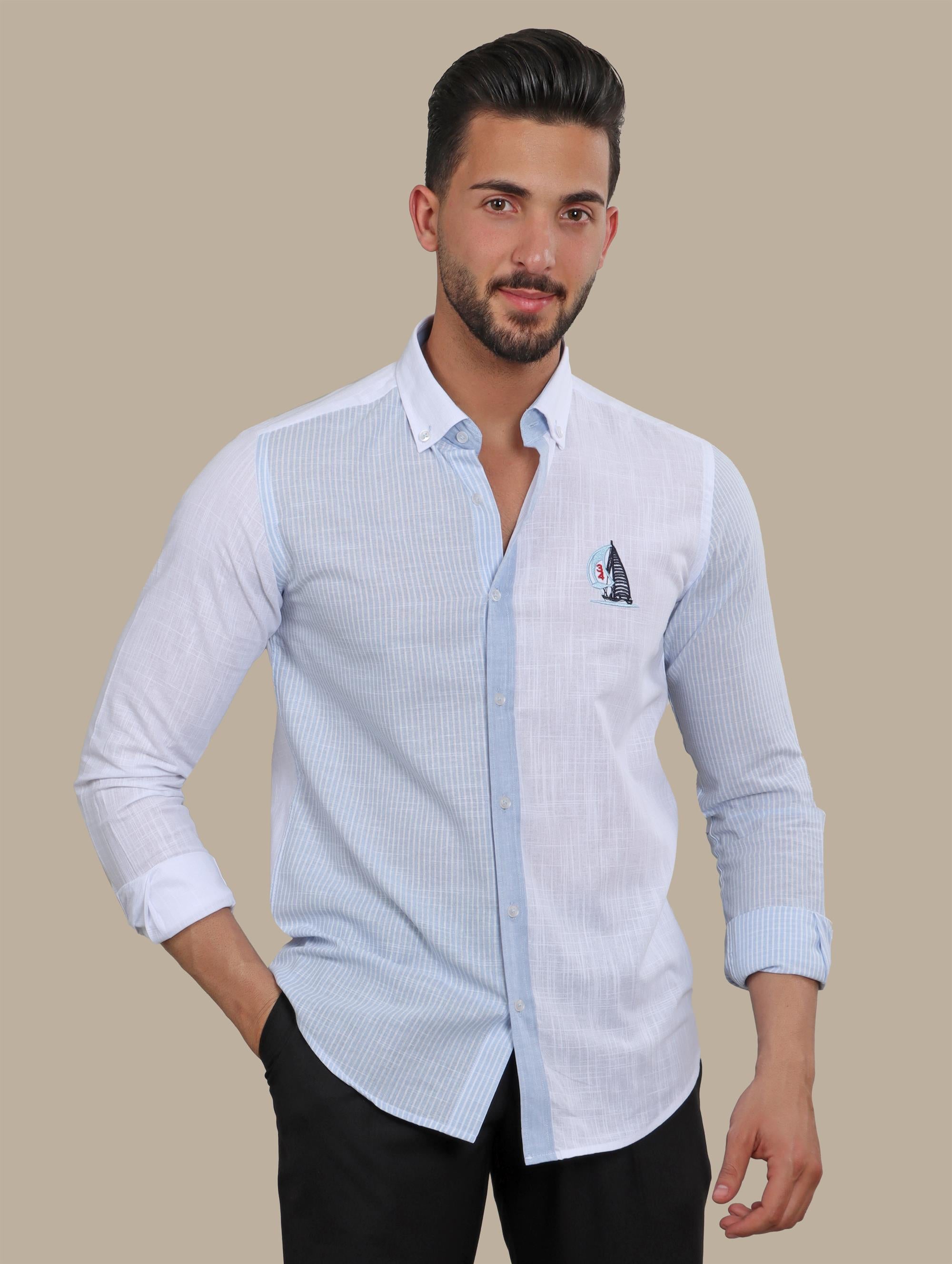 Linen Half Striped Shirt in Light Blue