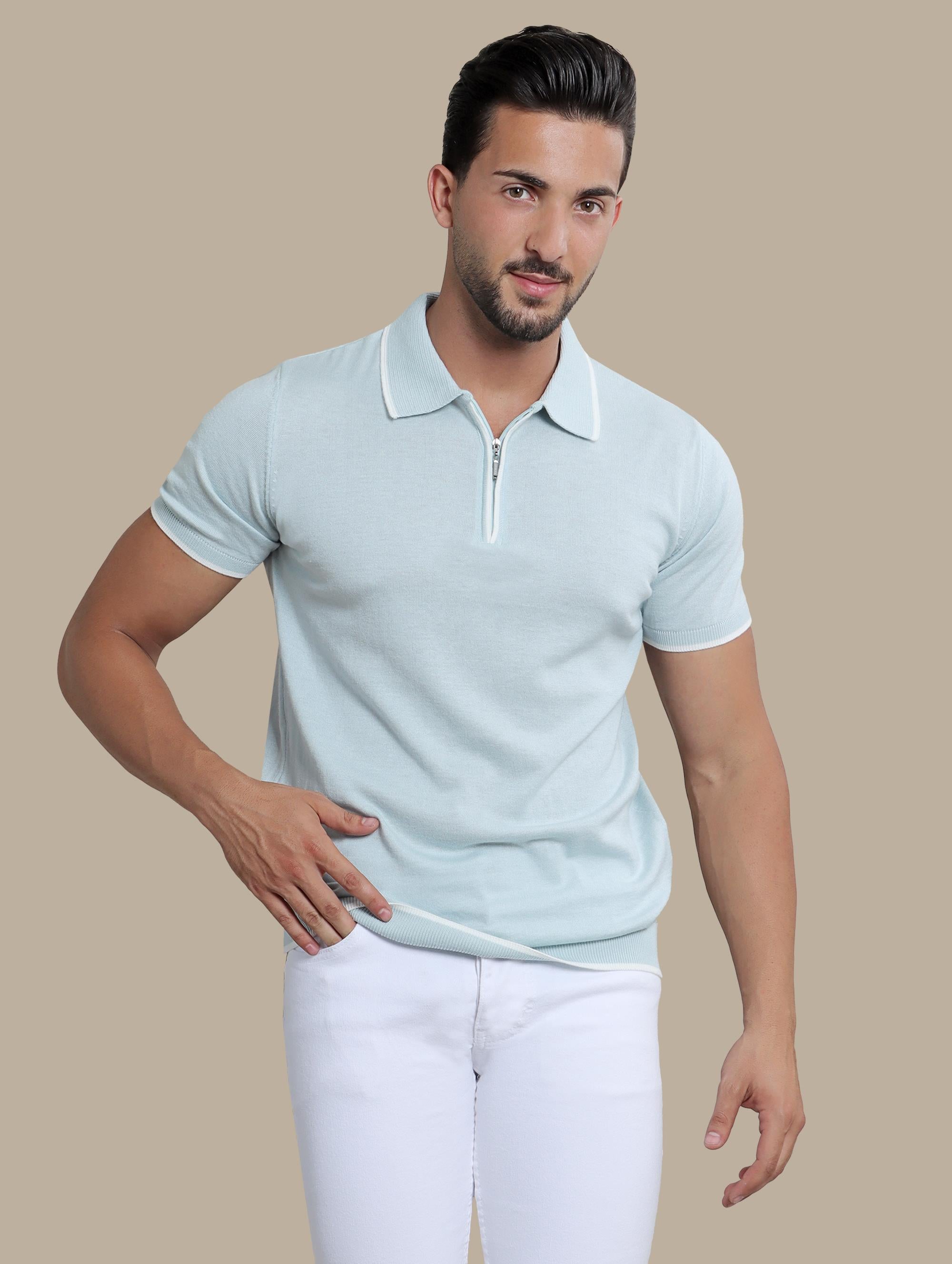 Polo Half Zipper Piping | Light Blue