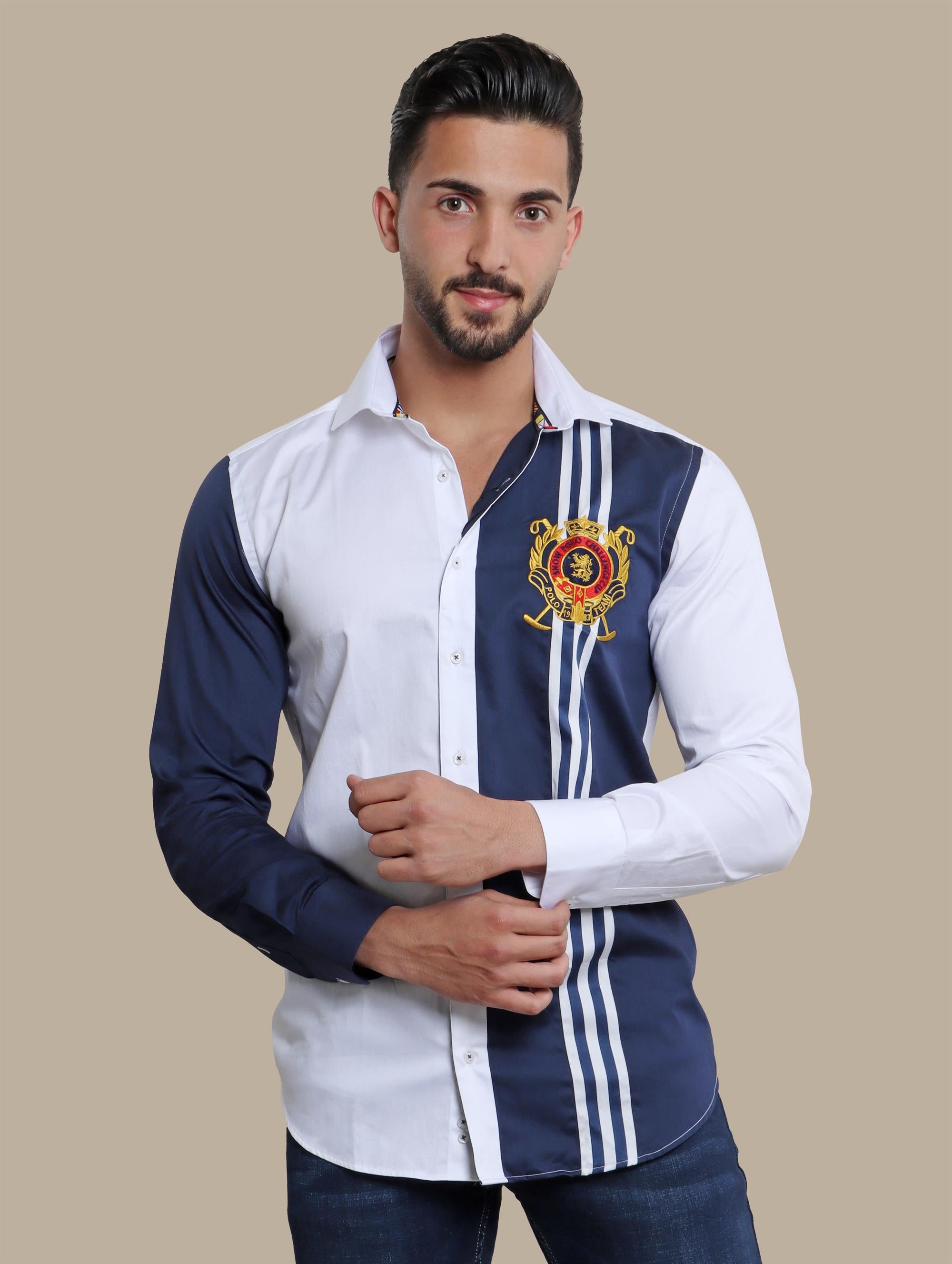 Regal Pride: White Shirt with Lion and Polo Badge Embellishments