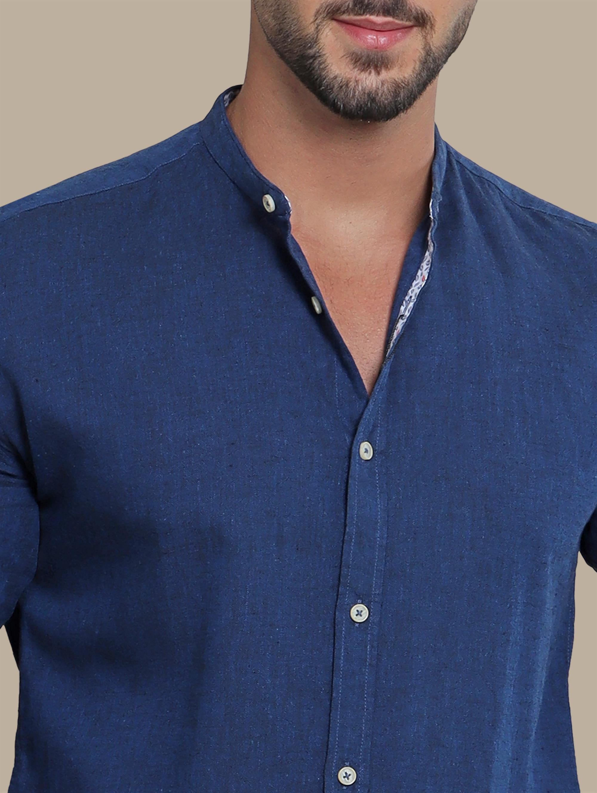 Shirt Linen Col Mao Inside Print | Navy