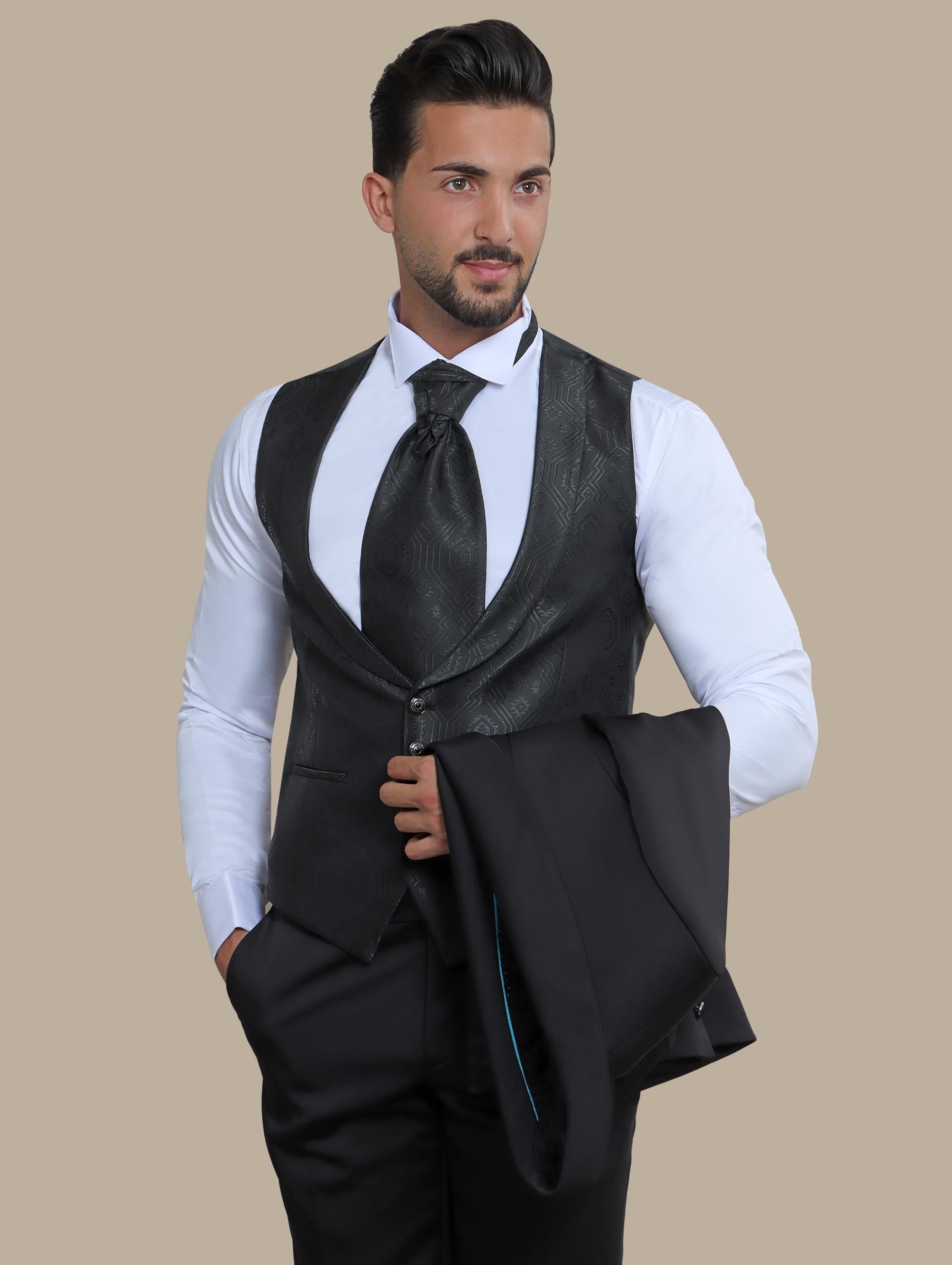 Black 4-Piece Tuxedo with Chale Collar and 6 Buttons