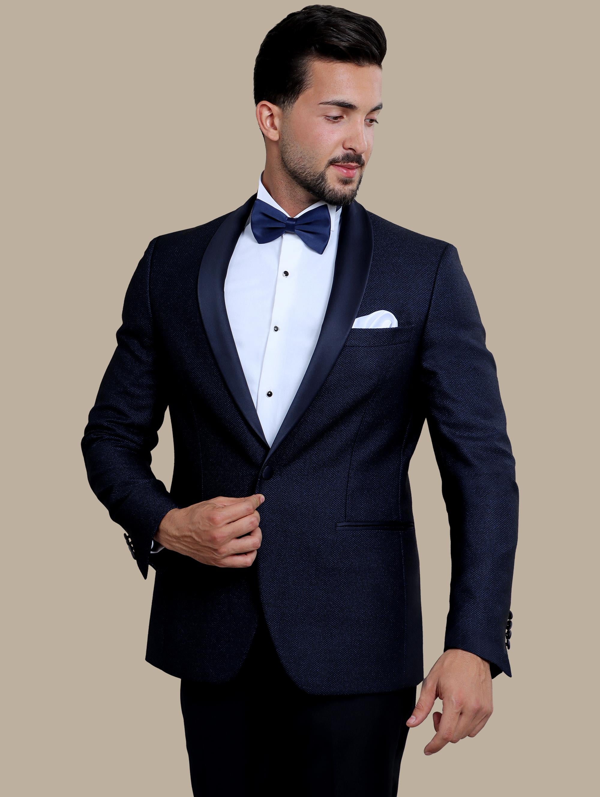 Blue Elegance: Tuxedo with Textured Shawl Lapel