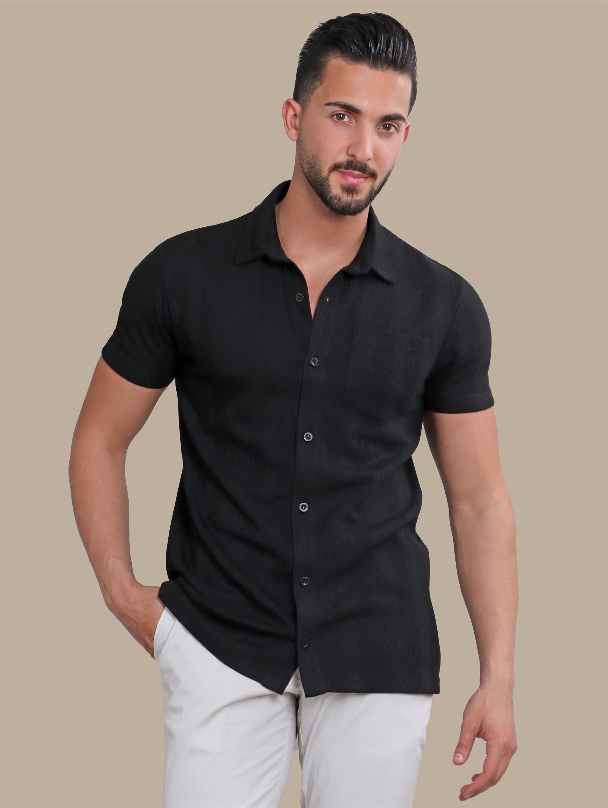 Black Short Sleeve Structured Shirt with Pocket