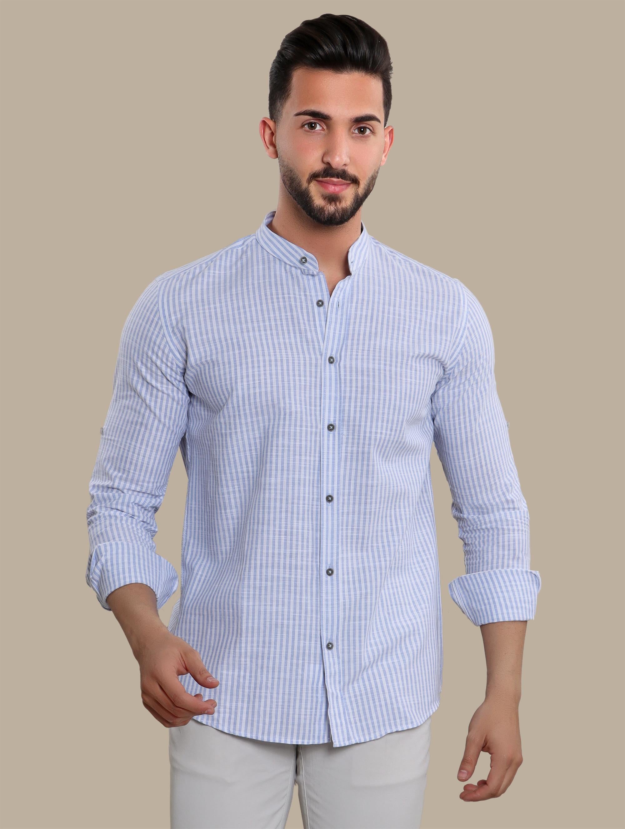 Blue Linen Mao Collar Shirt with Stripes