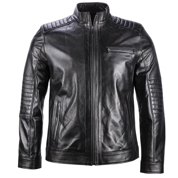 Black Leather Jacket with Mao Collar and Triple Zipper Design