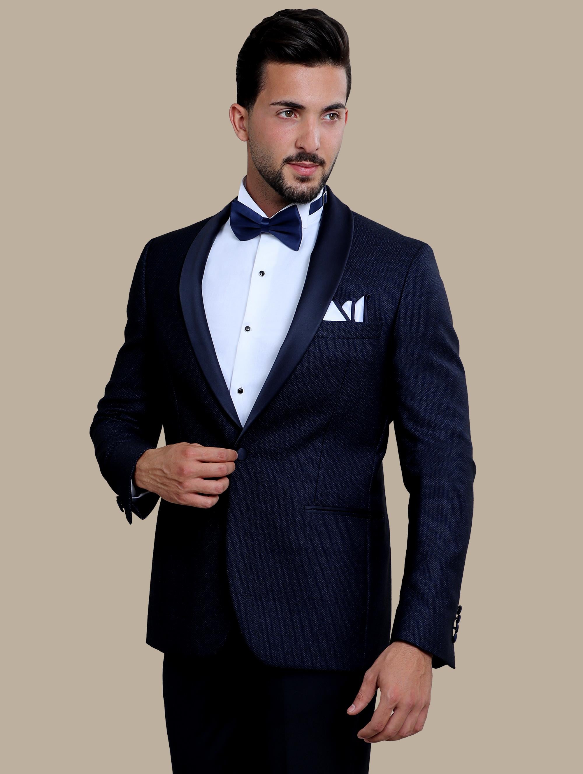 Blue Elegance: Tuxedo with Textured Shawl Lapel