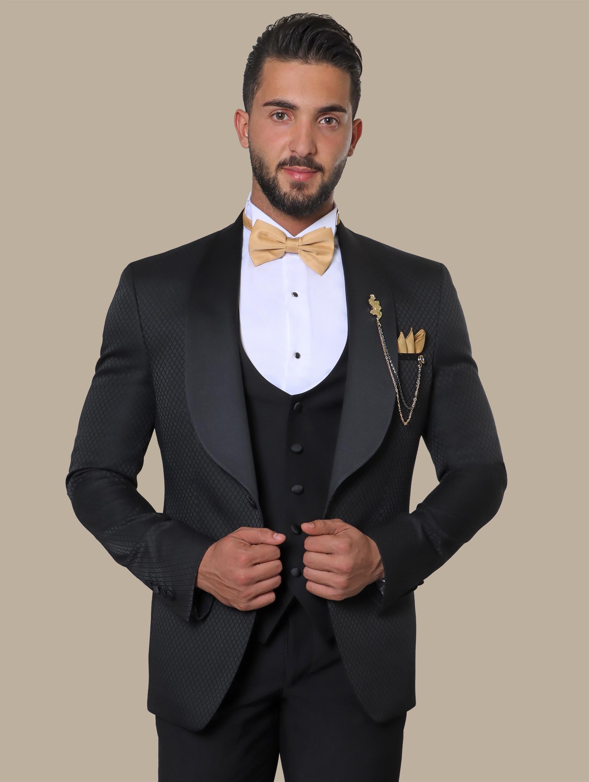 Timeless Opulence: Special FV Collection 3-Piece Black Tie Tuxedo with Distinctive Pattern